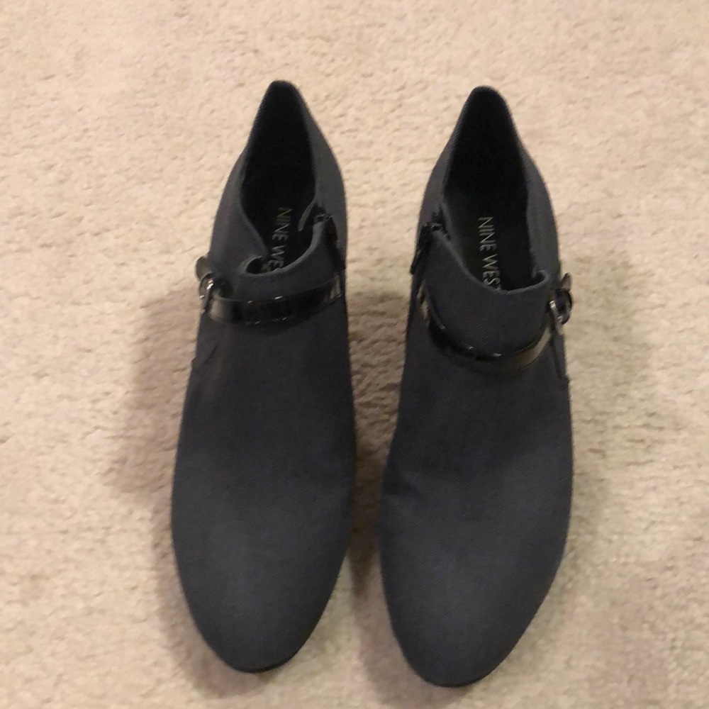 Denim w: black patent leather bootie stilletos
